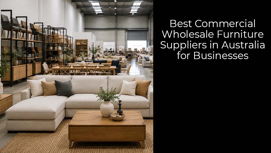 Modern commercial furniture showroom displaying sofas, dining furniture, fabric samples, and interior finishes for Australian business fit-outs.