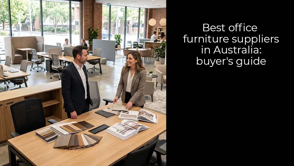Business professionals reviewing office furniture materials and workspace solutions in a showroom