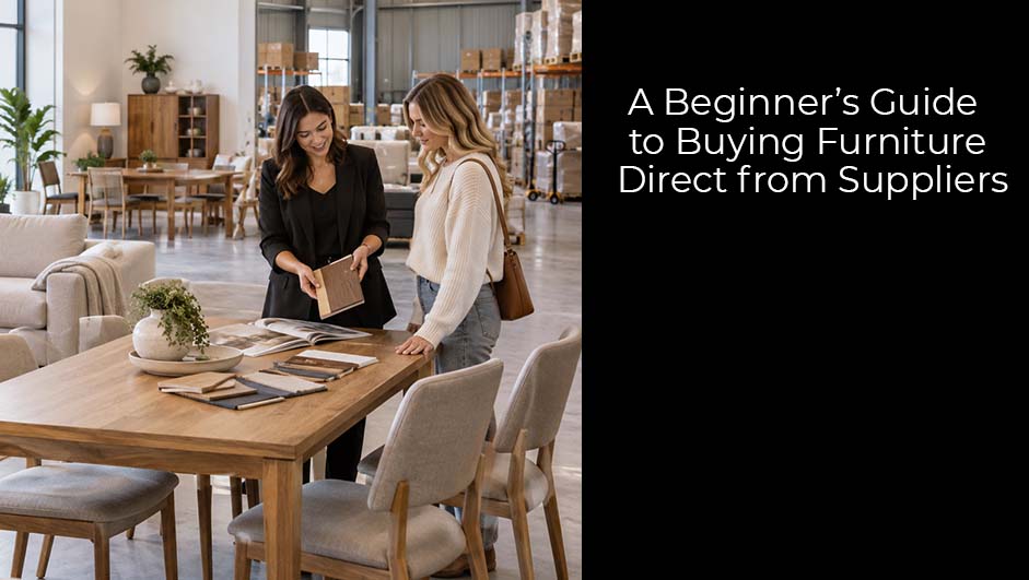 Furniture buyers comparing samples and furniture products with a supplier in a modern showroom and warehouse