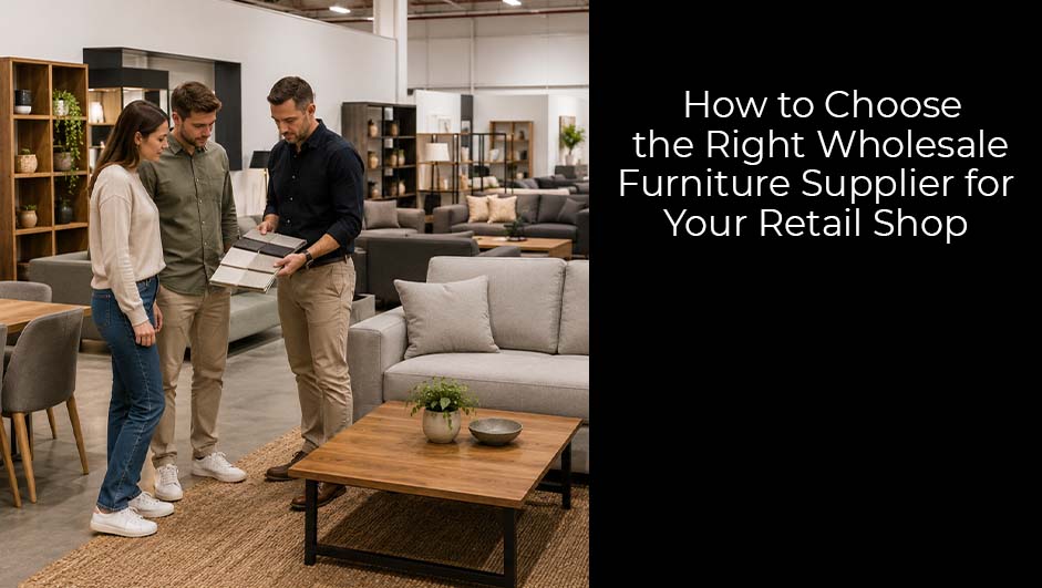 Furniture showroom with retail buyers discussing furniture products with a supplier
