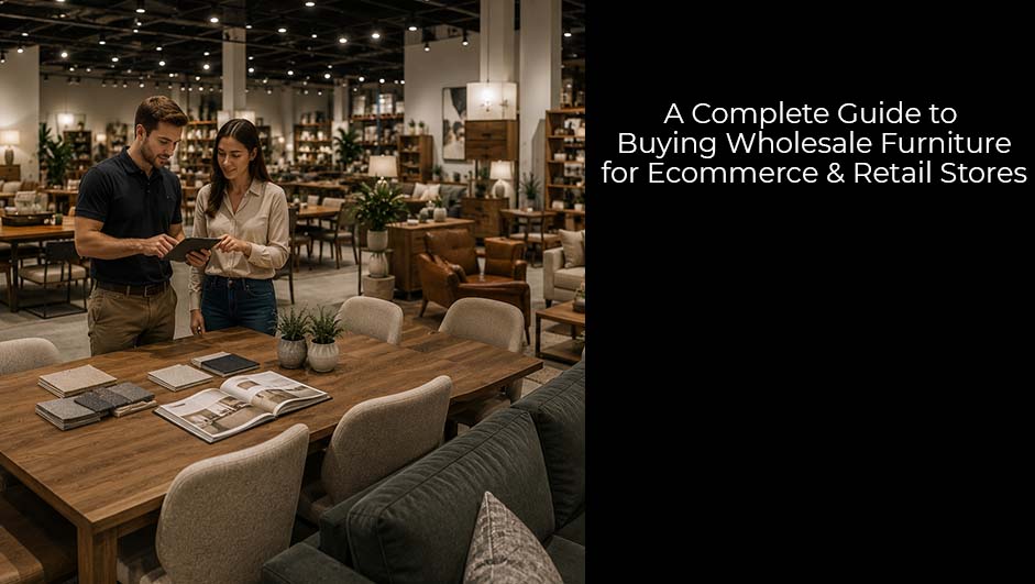 Retail buyers reviewing wholesale furniture selections in modern showroom