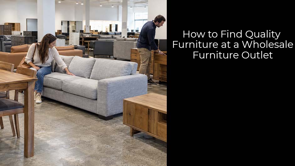Customers inspecting a grey sofa and furniture at a wholesale furniture outlet