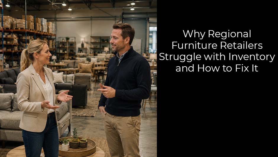 Furniture retail professionals discussing inventory management in showroom