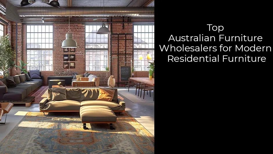 A spacious industrial loft-style living room with large windows, brick walls, and modern low-profile leather sofas representing wholesale residential furniture.