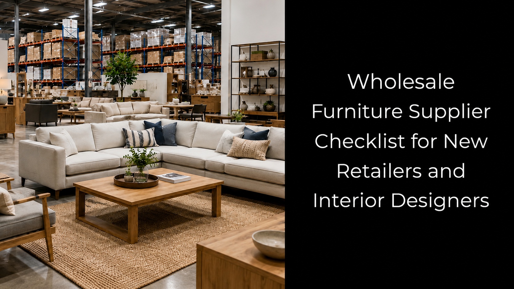 Wholesale furniture warehouse with sofas, tables and furniture inventory for retailers