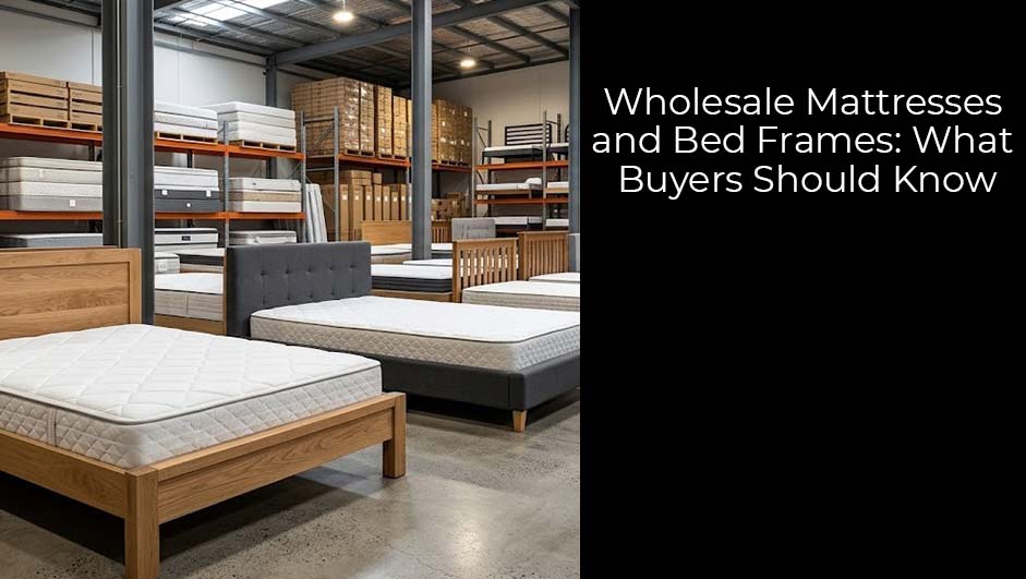 Range of mattresses and wooden and upholstered bed frames displayed in a wholesale furniture warehouse.